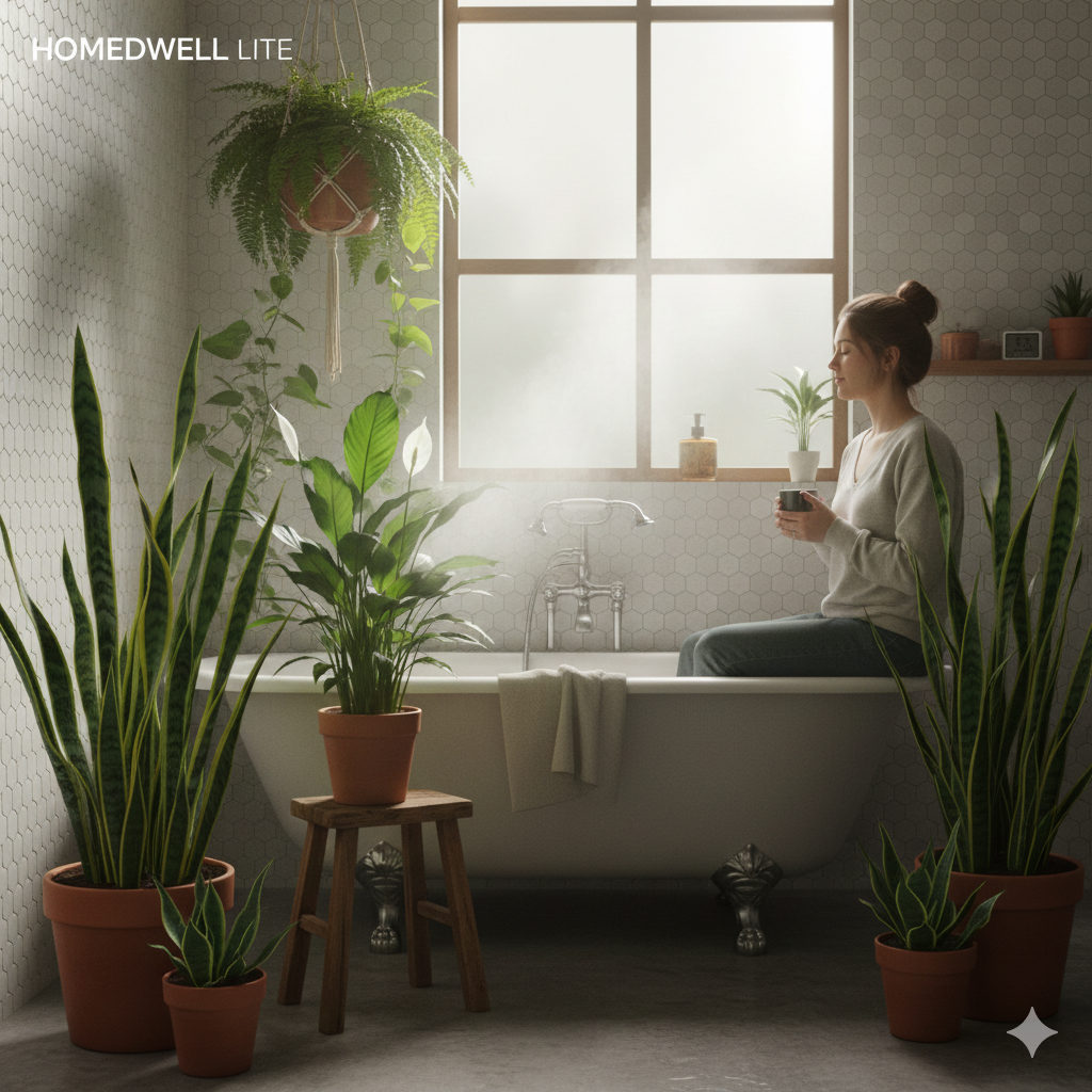 A tranquil bathroom filled with various air-purifying plants like Snake Plants and Peace Lilies, creating a biophilic 'green lung' zone for enhanced air quality and relaxation.