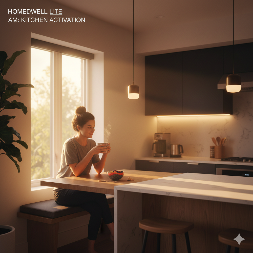 A woman happily drinking coffee in a sunlit modern kitchen, benefiting from natural morning light, demonstrating the HomedWell concept of an AM kitchen activation zone.